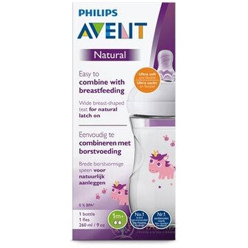 AVENT FĽAŠA Natural PP 260 ml Jednorožec, cumlík ultra soft (1m+) mäkký, pomalý(SCF070/25)1x1 ks obrázok