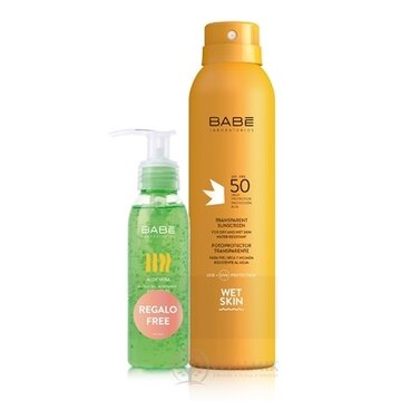 BABÉ SUN Opaľovací sprej SPF 50 + Aloe vera gél transparentný sprej na mokrú pokožku s ochranným faktorom 200 ml + darček: gél 90 ml, 1x1 set obrázok