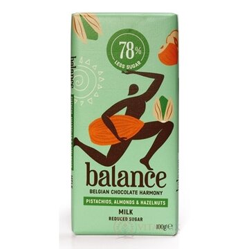 BALANCE MLIEČNA ČOKOLÁDA MANDLE, PISTÁCIE, ORECHY lieskové, belgická, so sladidlom zo stévie 1x100 g obrázok