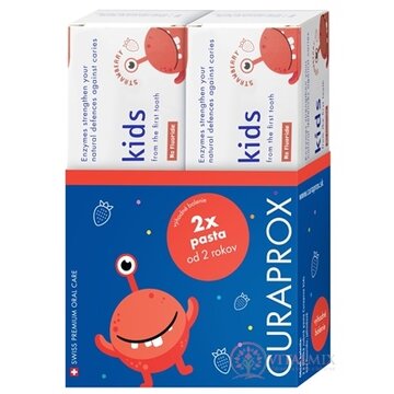 CURAPROX Kids 2+ BEZ FLUORIDU detská zubná pasta, príchuť JAHODA 2x60 ml obrázok