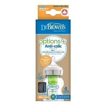 Dr.BROWN´S DOJČENSKÁ FĽAŠA OPTIONS+ 150 ml Wide-neck, 0M+, anti-colic, sklenená, biela (so silikónovým cumľom level-1) 1x1 ks obrázok