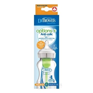 Dr.BROWN´S DOJČENSKÁ FĽAŠA OPTIONS+ 270 ml Wide-neck, 0M+, anti-colic, plastová, biela (so silikónovým cumľom level-1) 1x1 ks obrázok
