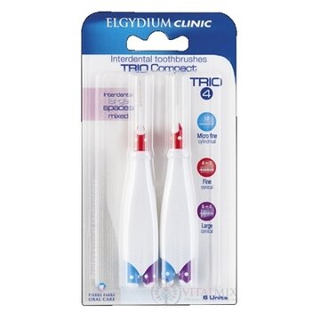 ELGYDIUM CLINIC Trio COMPACT - TRIO 4 medzizubné kefky v držiaku (2x modré 1,9 mm+2x červené 4-3 mm+2x fialové 6-4 mm) 6 ks, 1x1 set obrázok
