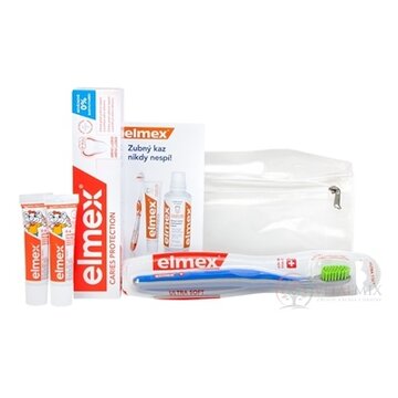 ELMEX CARIES PROTECTION SADA V CESTOVNEJ TAŠTIČKE zubná pasta 75 ml + 2x12 ml + zubná kefka 1 ks + cestovná taštička, 1x1 set obrázok