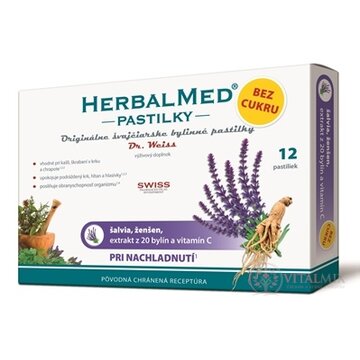 HERBALMED PASTILKY BEZ CUKRU - Dr.Weiss pri prechladnutí (šalvia, ženšen, extrakt 20 bylín a vit.C) pastilky 1x12 ks obrázok