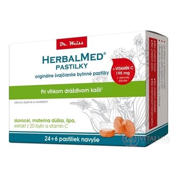 HERBALMED PASTILKY pri kašli - Dr.Weiss (skorocel, mat.dúš, lipa, 20 bylín, vit.C) pastilky (24+6 navyše) 1x30 ks obrázok