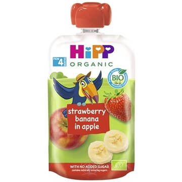 HiPP BIO 100% Ovocie Jablko Banán Jahoda kapsička (od ukonč. 4./6.mesiaca) ovocný príkrm 1x100 g obrázok