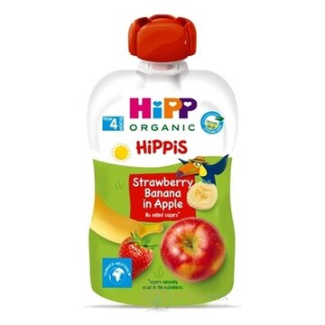 HiPP HiPPis 100% Ovocie Jablko Banán Jahoda kapsička (od ukonč. 4. mesiaca) ovocný príkrm 1x100 g obrázok