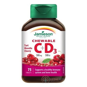 JAMIESON VITAMÍNY C a D3 čerešňa 500 mg/ 500 IU tbl na cmúľanie (cherry) 1x75 ks obrázok