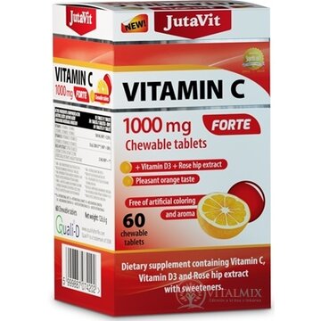 JutaVit Vitamín C 1000 mg FORTE žuvacie tablety s vitamínom D3 a extraktom zo šípok, so sladidlami, s príchuťou pomaranča 1x60 ks obrázok