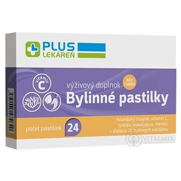 PLUS LEKÁREŇ Bylinné pastilky Bez cukru Islandský lišajník, vitamín C, 1x24 ks obrázok