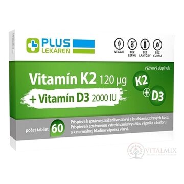 PLUS LEKÁREŇ Vitamín K2 120 μg +Vitamín D3 2000 IU tbl 1x60 ks obrázok