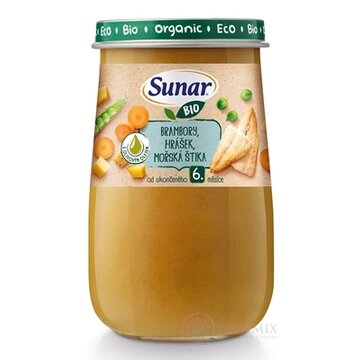Sunar BIO príkrm ZEMIAKY, HRÁŠOK, MORSKÁ ŠŤUKA s olivovým olejom (od ukonč. 6. mesiaca) 1x190 g obrázok