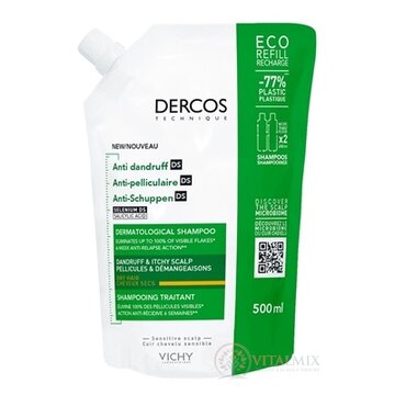 VICHY DERCOS ANTI-DANDRUFF DS DRY šampón proti lupinám, suché vlasy, náplň v ekologickom balení 1x500 ml obrázok