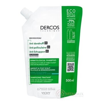 VICHY DERCOS ANTI-DANDRUFF DS GREASY šampón proti lupinám, normálne až mastné vlasy, náplň v ekologickom balení 1x500 ml obrázok