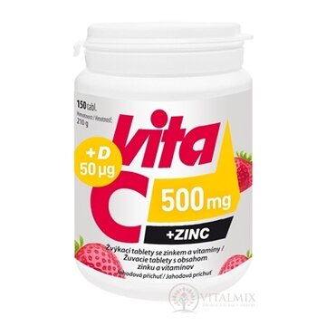 Vitabalans Vita C 500 mg + ZINC + D 50 µg žuvacie tablety s jahodovou príchuťou 1x150 ks obrázok