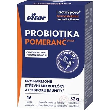 VITAR PROBIOTIKA + vláknina + vitamíny C a D3 prášok vo vrecúškach, pomarančová príchuť 1x16 ks obrázok