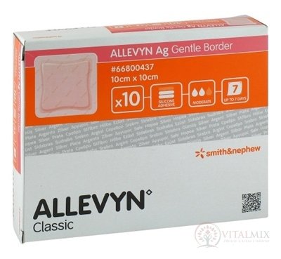 ALLEVYN Ag Gentle Border Krytie na rany 10x10 cm, adhezívne krytie so silikónom s obsahom striebra 1x10 ks