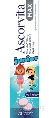 ASCORVITA MAX Junior šumivé tablety pre deti (od 7 rokov), vitamín C, D a zinok, 1x20 ks