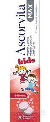 ASCORVITA MAX Kids šumivé tablety pre deti (4-6 rokov), vitamín C, D a zinok, 1x20 ks