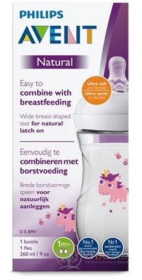 AVENT FĽAŠA Natural PP 260 ml Jednorožec, cumlík ultra soft (1m+) mäkký, pomalý(SCF070/25)1x1 ks