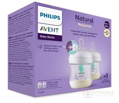 AVENT FĽAŠA Natural Response 125 ml priehľadná, cumlík s ventilom AirFree (0m+) 1x2 ks
