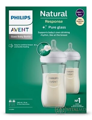 AVENT FĽAŠA Natural Response 240 ml sklenená, cumlík pre podporu rytmu pitia (1m+) 1x2 ks