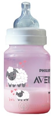AVENT FĽAŠA PP Antikolik 260 ml Ružová - ovečka, antikolikový mäkký cumlík pomalý prietok 2 otvory, 1x1 ks