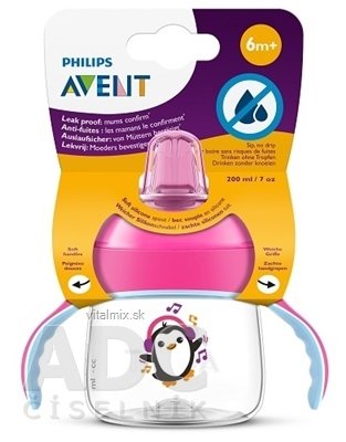 AVENT HRNČEK Premium 200 ml s držadlami od 6 mesiacov, ružový, tučniak, 1x1 ks