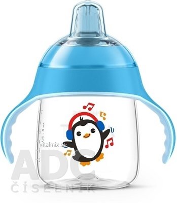 AVENT HRNČEK Premium 260 ml s držadlami od 12 mesiacov, modrý, tučniak, 1x1 ks