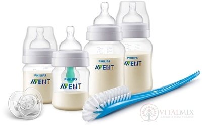 AVENT NOVORODENECKÁ štartovacia sada AirFree fľaše PP polopriehľadné (2 ks 125 ml+ 2 ks 260 ml)+(cumlík+ventil+kefa) 1x1 set