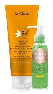 BABÉ SLNKO Mlieko na opaľovanie + Aloe vera gél (Sunscren Lotion) s ochranným faktorom SPF 50+ 200 ml + darček: gél 90 ml, 1x1 set