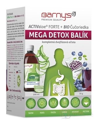 Barny's ACTIValoe FORTE+BIO Čučoriedka MEGA DETOX gél 500 ml + ovocné vločky, vrecúška 7x8 g, 1x1 set