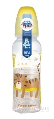 Canpol Babies Fľaša tvarovaná 250 ml plast, farebný motív, silikónový cumlík 12m+, 1x1 set