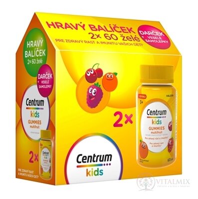 Centrum kids GUMMIES multifruit (darčekové balenie) želé s vitamínmi a minerálmi 2x60 ks + darček: veselé samolepky, 1x1 set