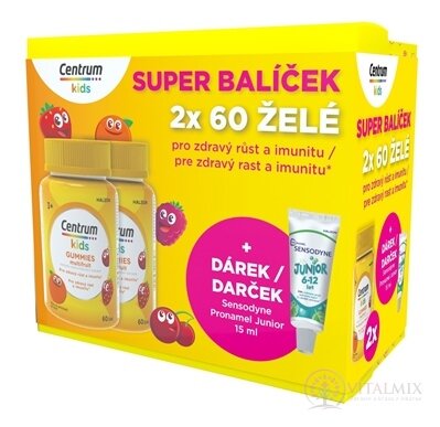 Centrum kids GUMMIES multifruit (darčekové balenie) želé s vitamínmi a minerálmi 2x60 ks + darček: zubná pasta (inov. 2025), 1x1 set