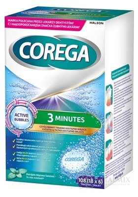 COREGA 3 MINUTES DENTURE TABLETS antibakteriálne čistiace tablety 18x6 ks (108 ks)