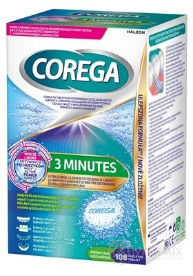 COREGA 3 MINUTES DENTURE TABLETS antibakteriálne čistiace tablety 1x108 ks