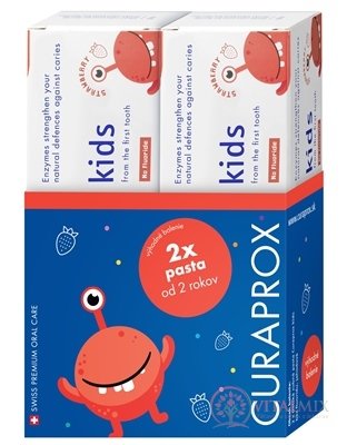 CURAPROX Kids 2+ BEZ FLUORIDU detská zubná pasta, príchuť JAHODA 2x60 ml