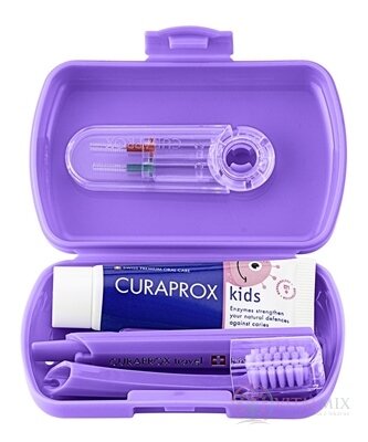 CURAPROX Kids travel set fialový (1x zubná kefka, 2x medzizubná kefka CPS, 1x zubná pasta melón 6+ 10 ml, 1x nálepka) 1x1 set