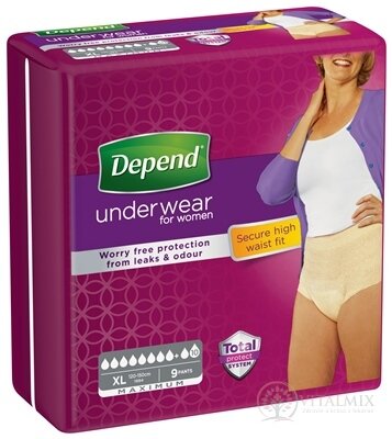 DEPEND MAXIMUM XL pre ženy naťahovacie nohavičky, obvod bokov 120-150 cm, priedušné, 1x9 ks