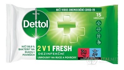 Dettol 2v1 FRESH Dezinfekčné obrúsky na ruky a povrchy 1x15 ks