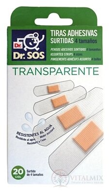 Dr. SOS Transparent náplasť prúžky mix vodeodolné (4 veľkosti) 1x20 ks