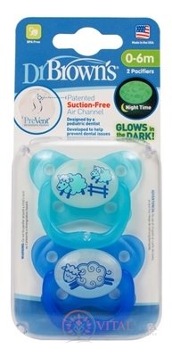 Dr.BROWN´S CUMLÍK PreVent ORTODONT SVIETIACI 0-6M, modrý, ovečky (inov.2021) 1x2 ks