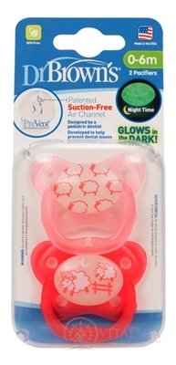Dr.BROWN´S CUMLÍK PreVent ORTODONT SVIETIACI 0-6M, ružový, ovečky (inov.2021) 1x2 ks