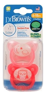 Dr.BROWN´S CUMLÍK PreVent ORTODONT SVIETIACI 6-18M, ružový, 1x2 ks