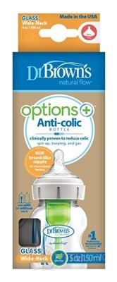 Dr.BROWN´S DOJČENSKÁ FĽAŠA OPTIONS+ 150 ml Wide-neck, 0M+, anti-colic, sklenená, biela (so silikónovým cumľom level-1) 1x1 ks