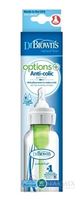 Dr.BROWN´S DOJČENSKÁ FĽAŠA OPTIONS+ 250 ml Narrow, 0M+, anti-colic, plastová, biela (so silikónovým cumľom level-1) 1x1 ks