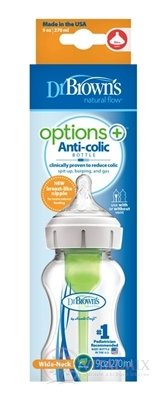 Dr.BROWN´S DOJČENSKÁ FĽAŠA OPTIONS+ 270 ml Wide-neck, 0M+, anti-colic, plastová, biela (so silikónovým cumľom level-1) 1x1 ks