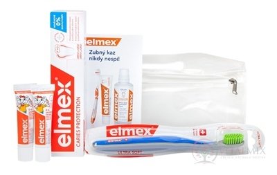ELMEX CARIES PROTECTION SADA V CESTOVNEJ TAŠTIČKE zubná pasta 75 ml + 2x12 ml + zubná kefka 1 ks + cestovná taštička, 1x1 set